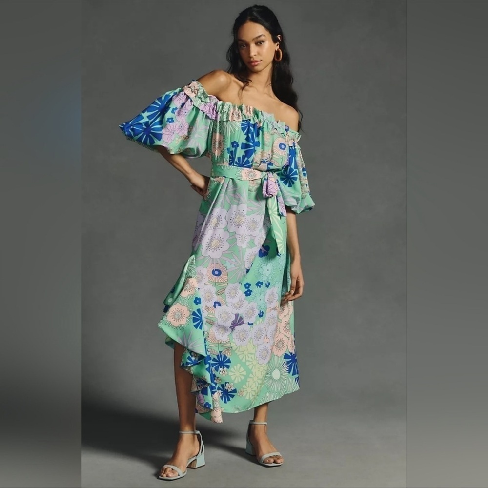 NWT Anthropologie x Oopscool Off-The-Shoulder Printed Dress, Size XS